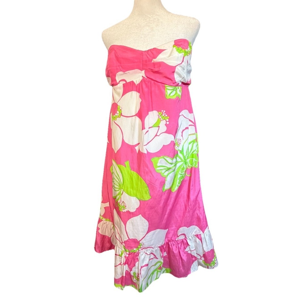 Lilly Pulitzer Strapless Dress W Size 8 Pink Floral Silk Cotton Resort Sundress - Picture 2 of 16